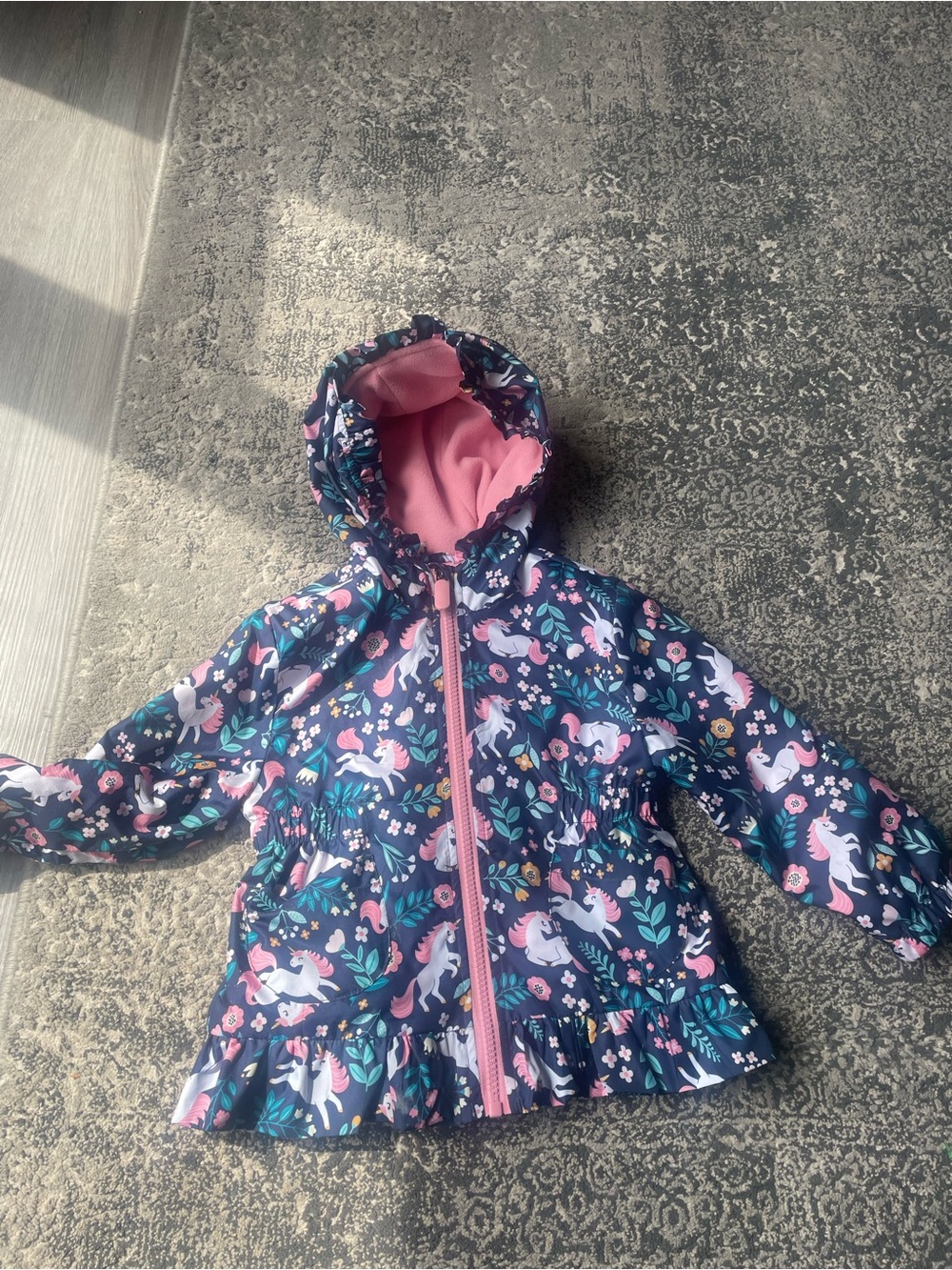 Girls' Navy Unicorn Print Hooded Rain Jacket with Pink Lining